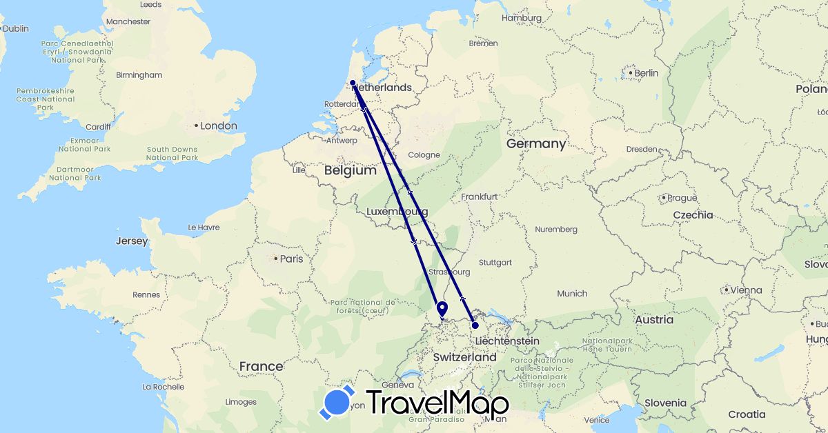 TravelMap itinerary: driving in Switzerland, France, Netherlands (Europe)